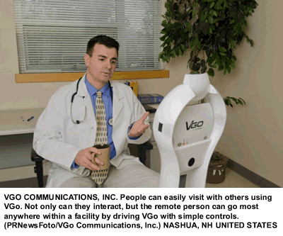 People can easily visit with others using VGo. Not only can they interact, but the remote person can go most anywhere within a facility by driving VGo with simple controls